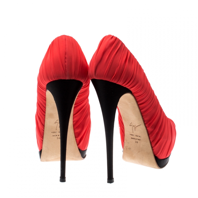 Pre Owned Giuseppe Zanotti Red Pleated Fabric Peep Toe Platform Pumps Size 38