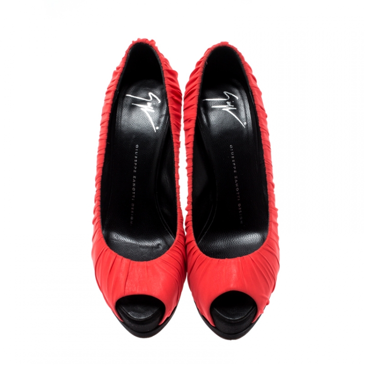 Pre Owned Giuseppe Zanotti Red Pleated Fabric Peep Toe Platform Pumps Size 38