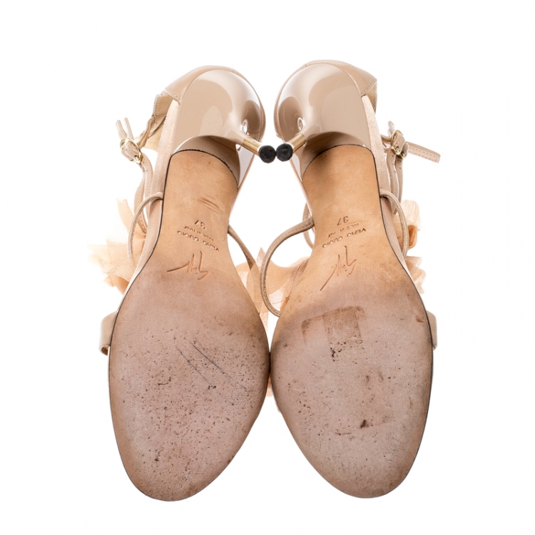 Pre Owned Giuseppe Zanotti Nude Chiffon Rosette Buckle Zip Sandals Size 37
