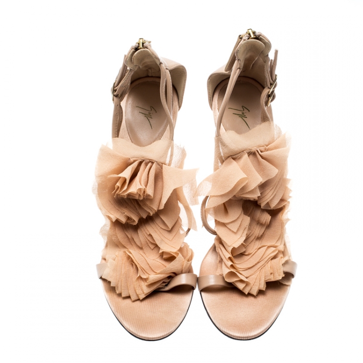 Pre Owned Giuseppe Zanotti Nude Chiffon Rosette Buckle Zip Sandals Size 37