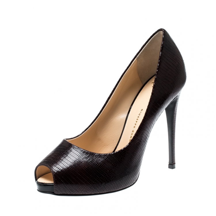 Pre Owned Giuseppe Zanotti Brown Embossed Leather Peep Toe Pumps Size 38