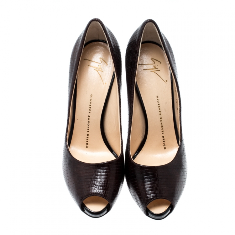 Pre Owned Giuseppe Zanotti Brown Embossed Leather Peep Toe Pumps Size 38