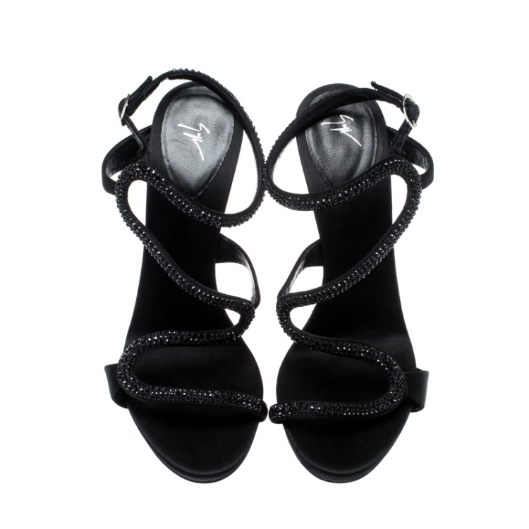 Pre Owned Giuseppe Zanotti Black Satin Embellished Strappy Sandals Size 38