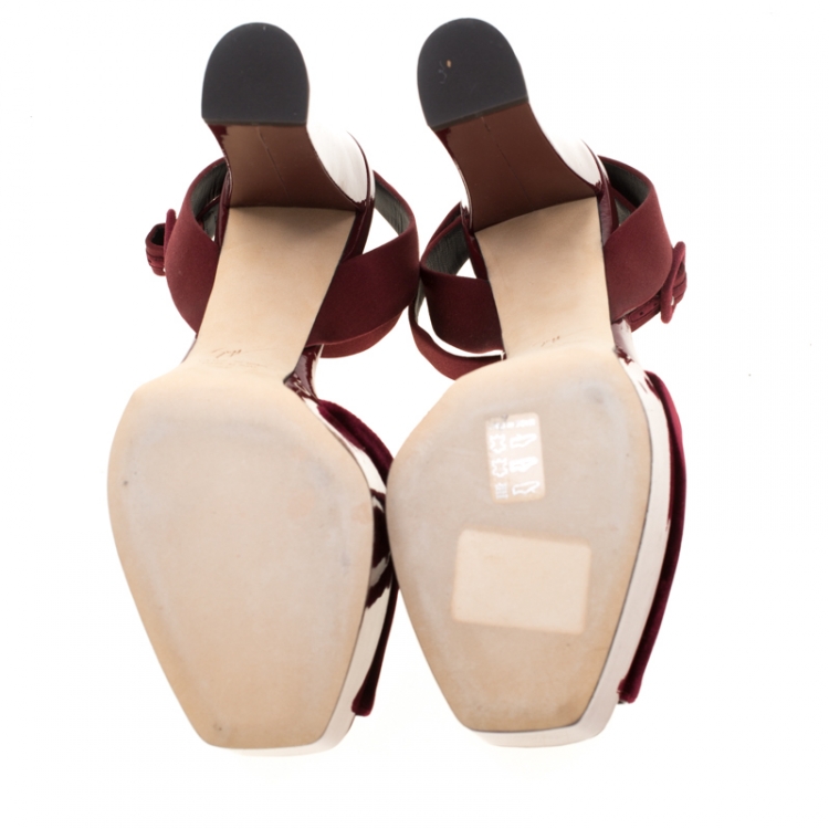Pre Owned Giuseppe Zanotti Burgundy Satin And Velvet Lavinia Ankle Strap Platform Sandals Size 40.5
