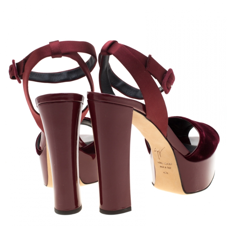 Pre Owned Giuseppe Zanotti Burgundy Satin And Velvet Lavinia Ankle Strap Platform Sandals Size 40.5