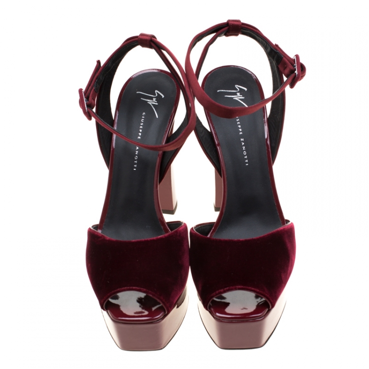 Pre Owned Giuseppe Zanotti Burgundy Satin And Velvet Lavinia Ankle Strap Platform Sandals Size 40.5