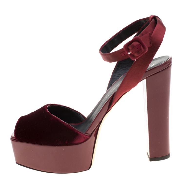 Pre Owned Giuseppe Zanotti Burgundy Satin And Velvet Lavinia Ankle Strap Platform Sandals Size 40.5