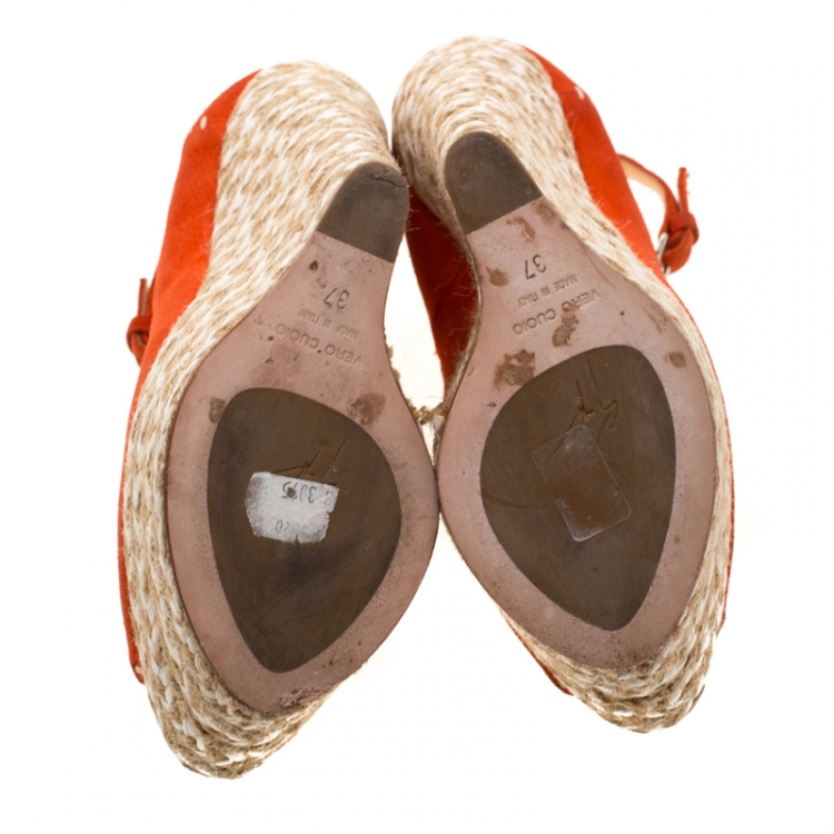 Pre Owned Giuseppe Zanotti Orange Suede Peep Toe Platform Wedge Espadrille Sandals Size 37
