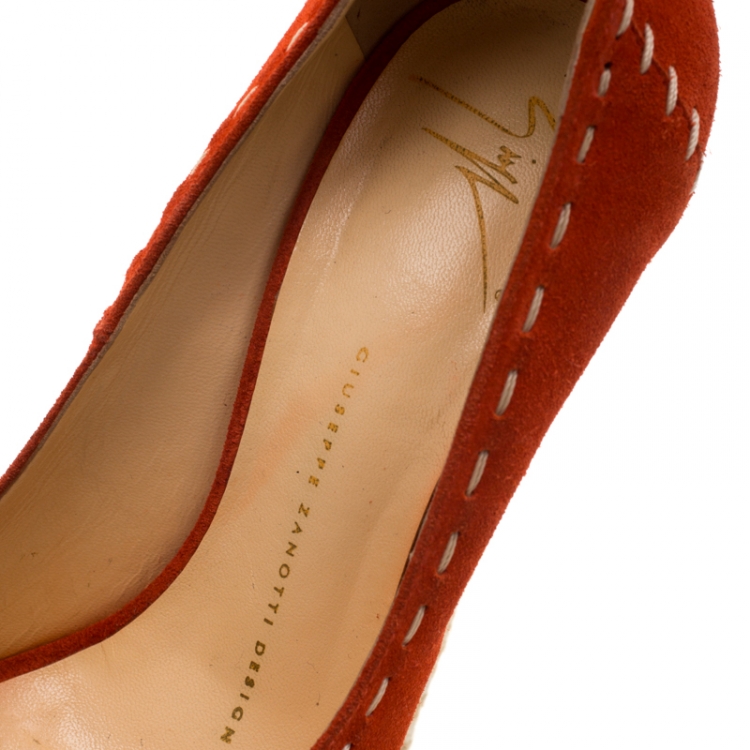 Pre Owned Giuseppe Zanotti Orange Suede Peep Toe Platform Wedge Espadrille Sandals Size 37