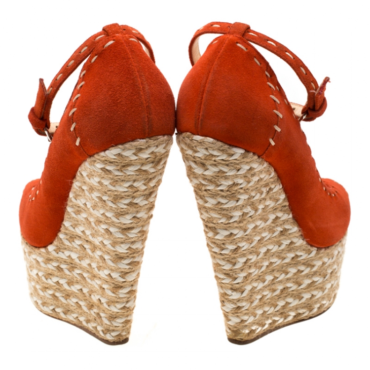 Pre Owned Giuseppe Zanotti Orange Suede Peep Toe Platform Wedge Espadrille Sandals Size 37