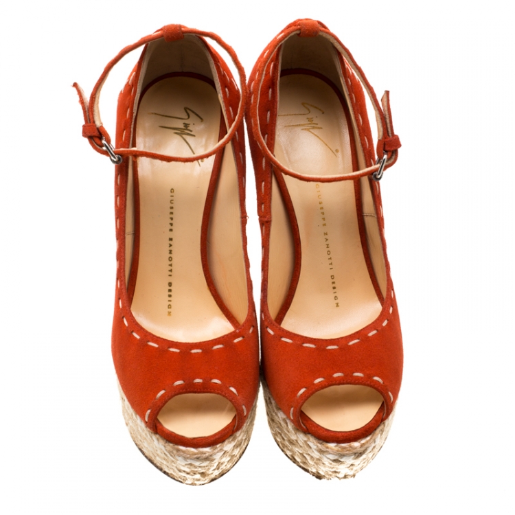 Pre Owned Giuseppe Zanotti Orange Suede Peep Toe Platform Wedge Espadrille Sandals Size 37