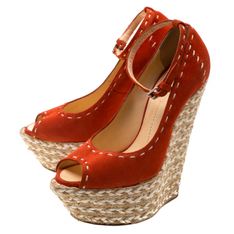 Pre Owned Giuseppe Zanotti Orange Suede Peep Toe Platform Wedge Espadrille Sandals Size 37