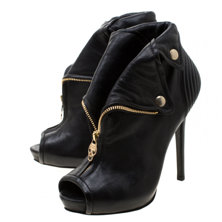 Pre Owned Alexander McQueen Black Leather Faithful Skull Peep Toe Ankle Boots Size 36.5