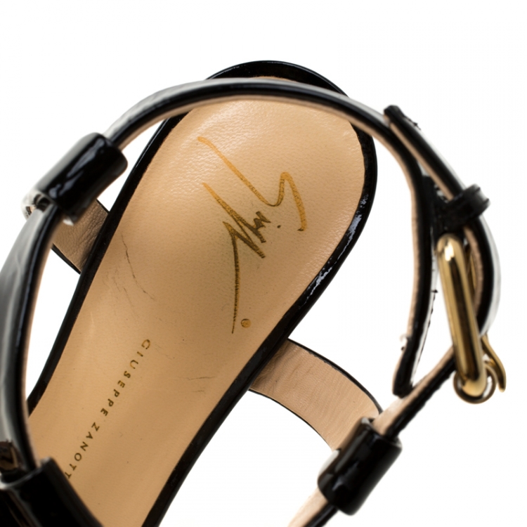 Pre Owned Giuseppe Zanotti Black/Gold Patent Leather Sculpted T-Strap Wedge Sandals Size 37