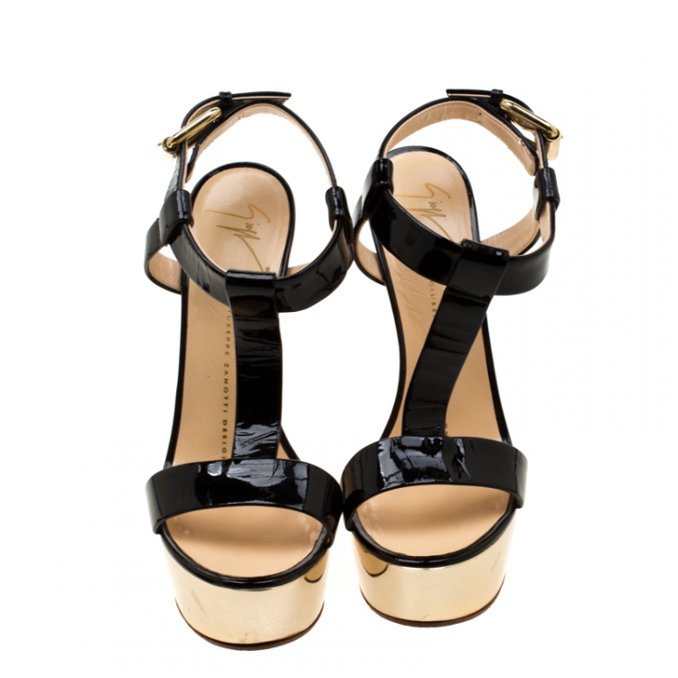 Pre Owned Giuseppe Zanotti Black/Gold Patent Leather Sculpted T-Strap Wedge Sandals Size 37