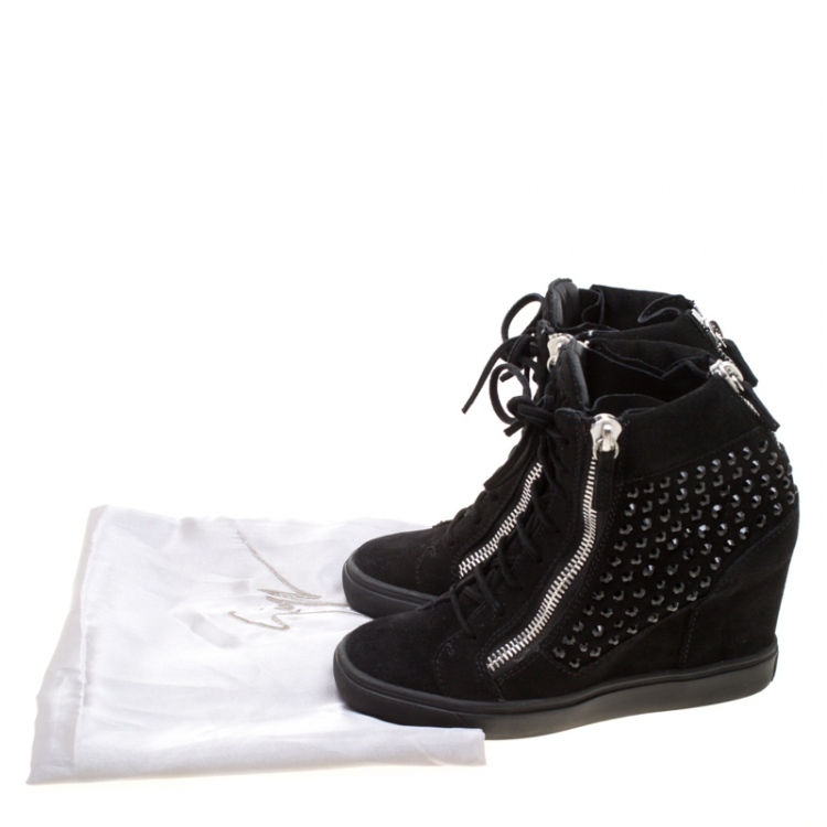 Pre Owned Giuseppe Zanotti Black Suede Embellished Wedge Sneakers Size 38