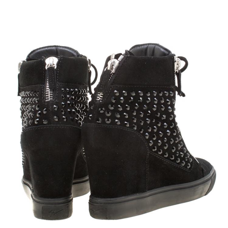 Pre Owned Giuseppe Zanotti Black Suede Embellished Wedge Sneakers Size 38