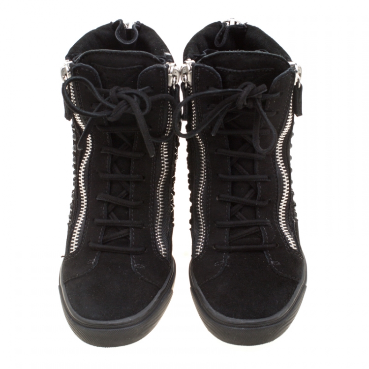 Pre Owned Giuseppe Zanotti Black Suede Embellished Wedge Sneakers Size 38