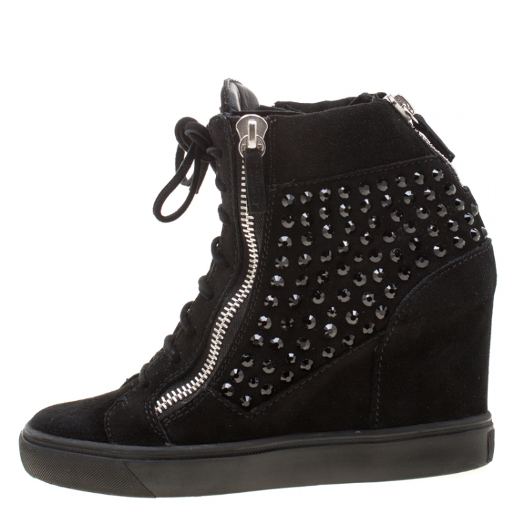 Pre Owned Giuseppe Zanotti Black Suede Embellished Wedge Sneakers Size 38