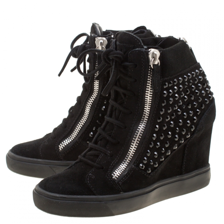Pre Owned Giuseppe Zanotti Black Suede Embellished Wedge Sneakers Size 38