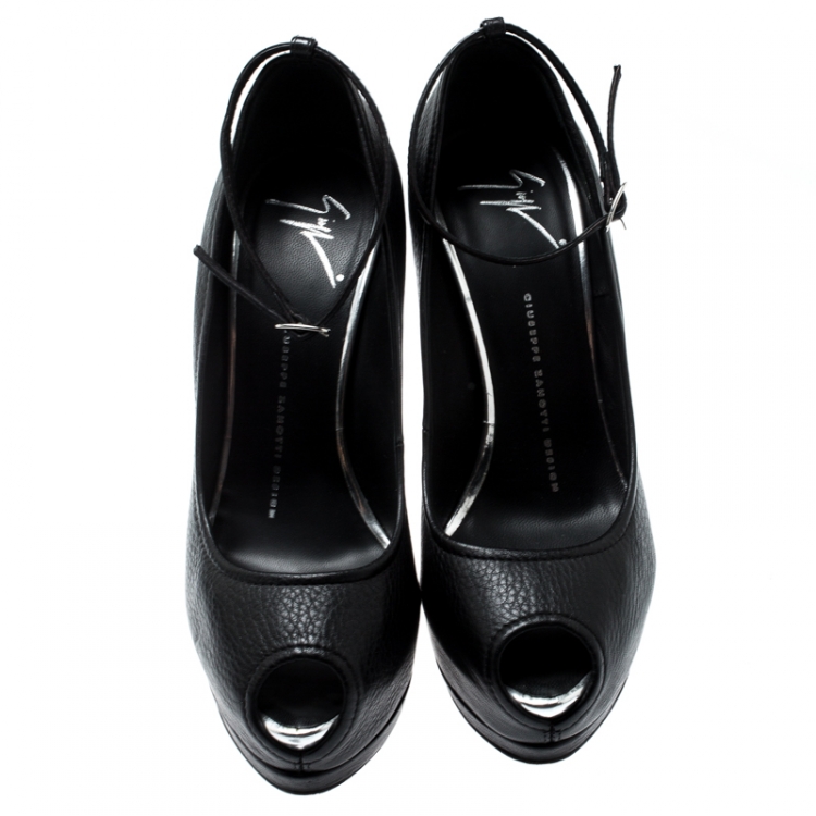 مملوكة مسبقًا Giuseppe Zanotti Black Leather Peep Toe Ankle Strap Platform Pumps Size 38