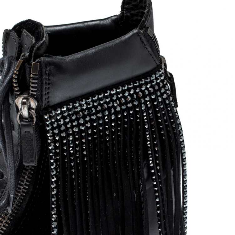 Pre Owned Giuseppe Zanotti Black Leather and Velvet Lorenze Embellished Fringe Wedge Sneakers Size 40.5
