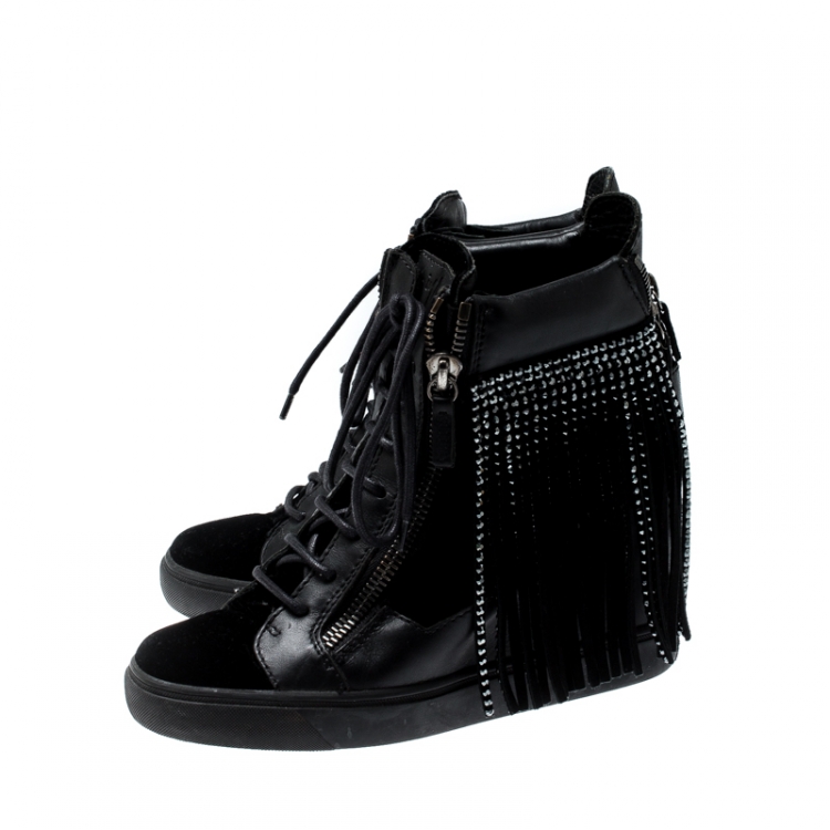 Pre Owned Giuseppe Zanotti Black Leather and Velvet Lorenze Embellished Fringe Wedge Sneakers Size 40.5
