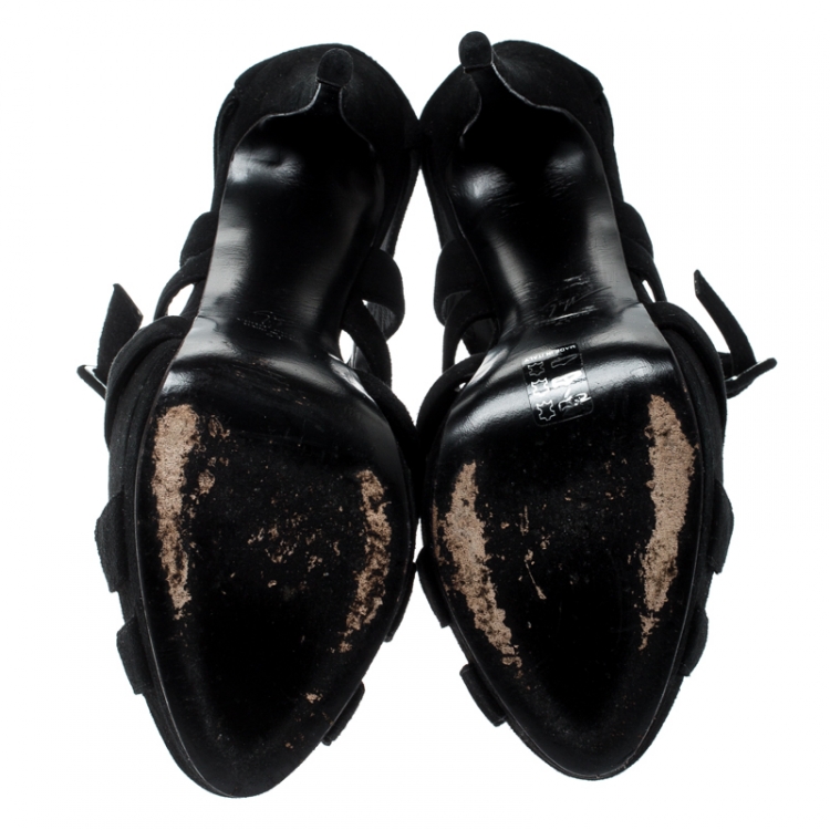 Pre Owned Giuseppe Zanotti Black Suede Buckle Detail Platform Cage Sandals Size 41
