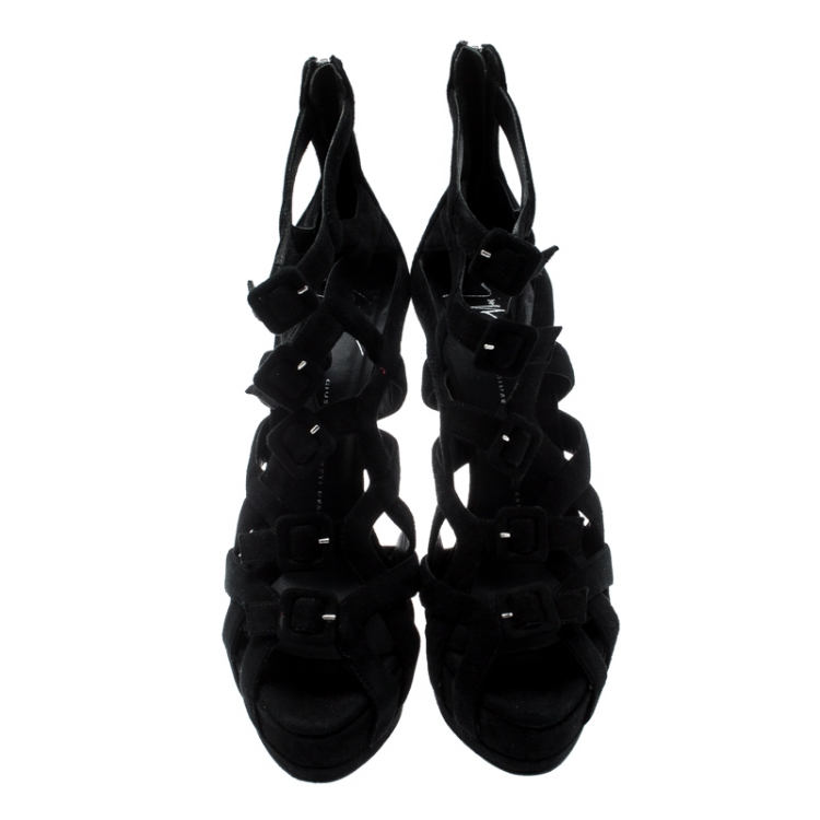 Pre Owned Giuseppe Zanotti Black Suede Buckle Detail Platform Cage Sandals Size 41