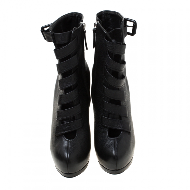 مملوكة مسبقًا Giuseppe Zanotti Black Leather Strappy Platform Ankle Boots Size 38.5