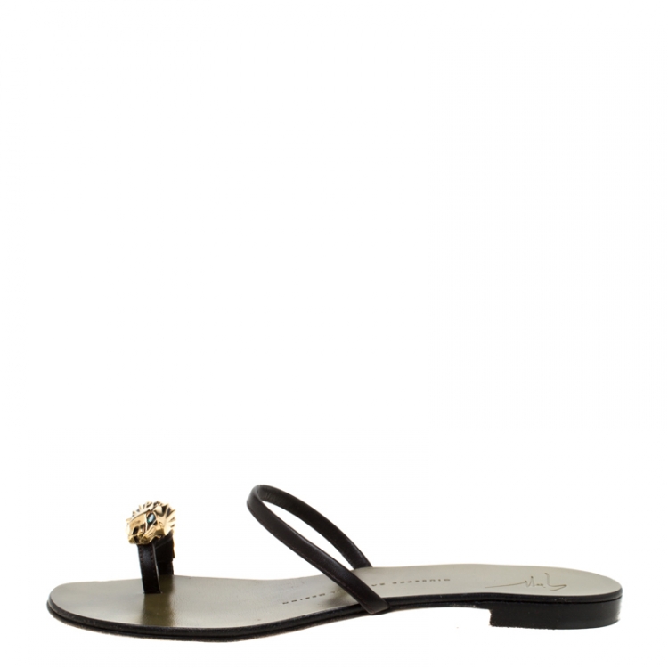 Pre Owned Giuseppe Zanotti Black Leather Lion Head Embellished Flats Slides Size 38