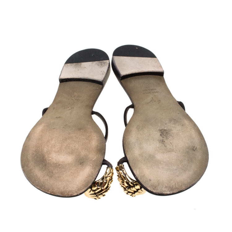 Pre Owned Giuseppe Zanotti Black Leather Lion Head Embellished Flats Slides Size 38