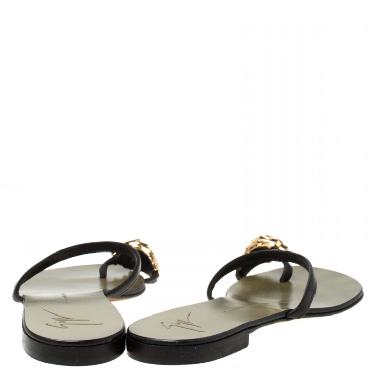 Pre Owned Giuseppe Zanotti Black Leather Lion Head Embellished Flats Slides Size 38