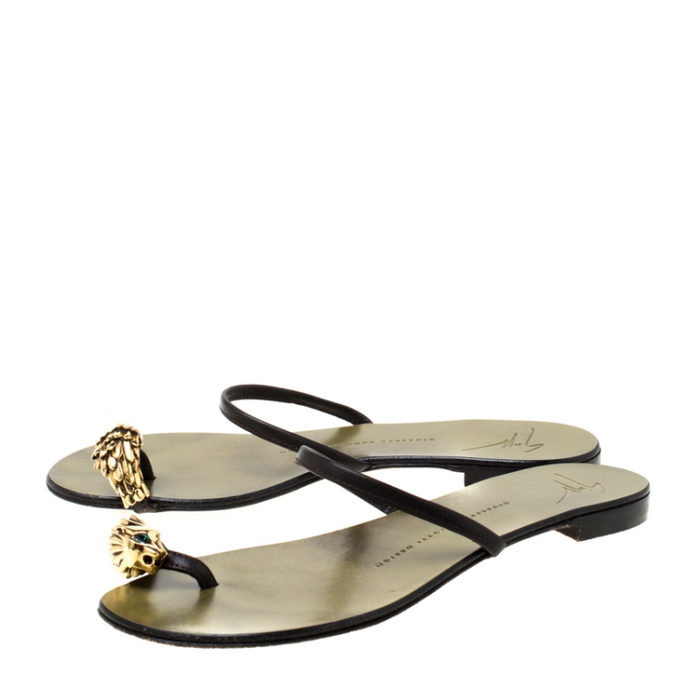 Pre Owned Giuseppe Zanotti Black Leather Lion Head Embellished Flats Slides Size 38