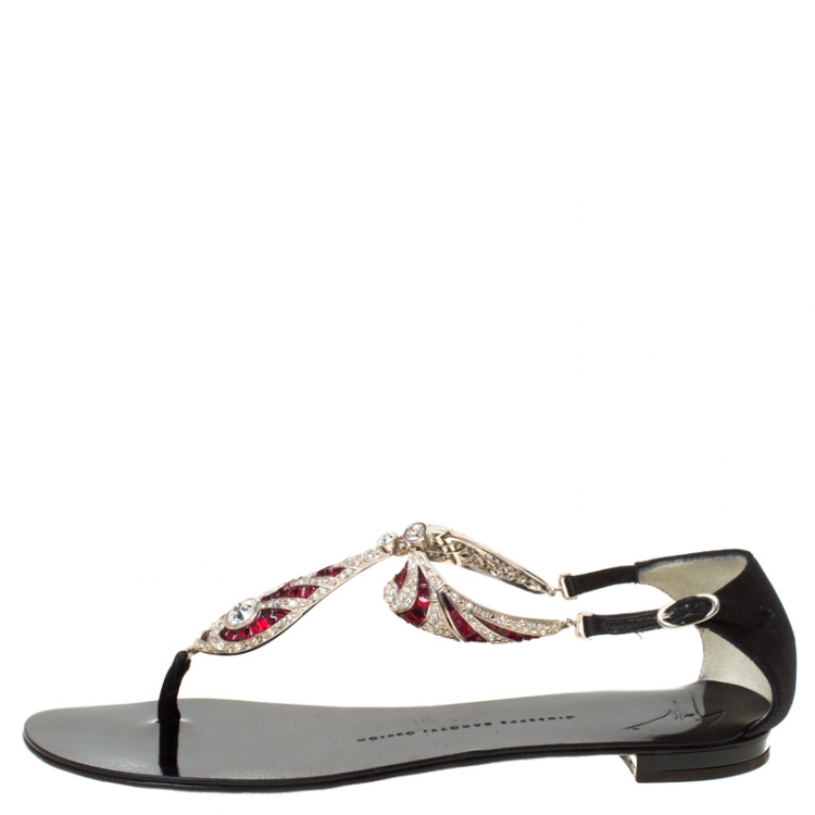 Pre Owned Giuseppe Zanotti Black Crystal Embellished Thong Sandals Size 37