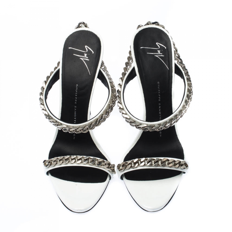 Pre Owned  Giuseppe Zanotti White Patent Leather Chain Detail Strappy Sandals Size 38