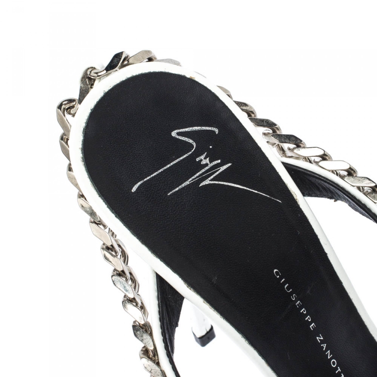 Pre Owned  Giuseppe Zanotti White Patent Leather Chain Detail Strappy Sandals Size 38