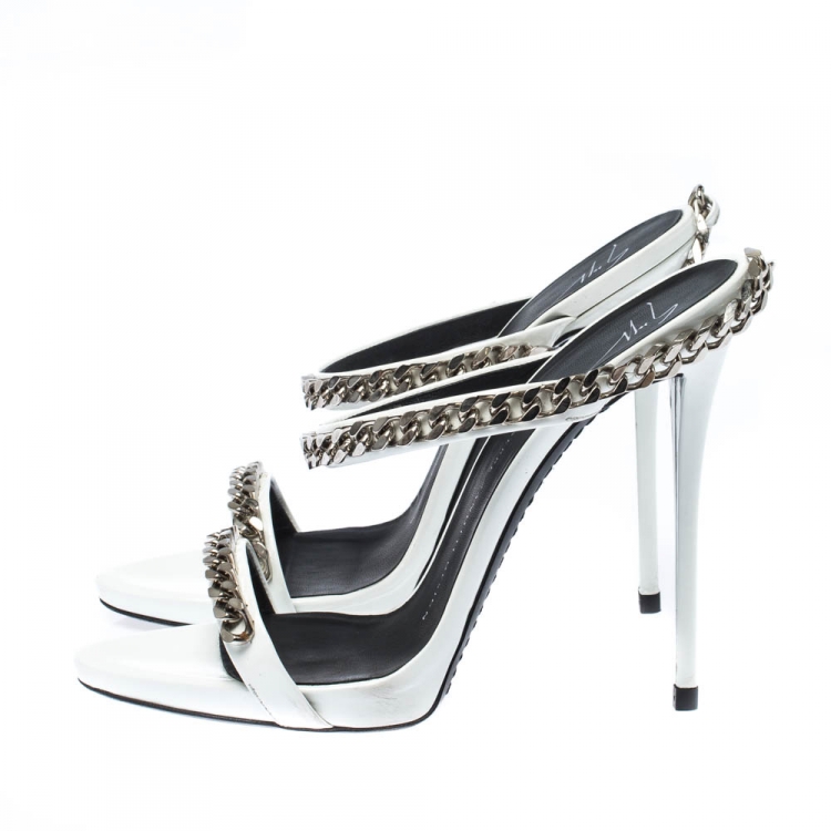 Pre Owned  Giuseppe Zanotti White Patent Leather Chain Detail Strappy Sandals Size 38