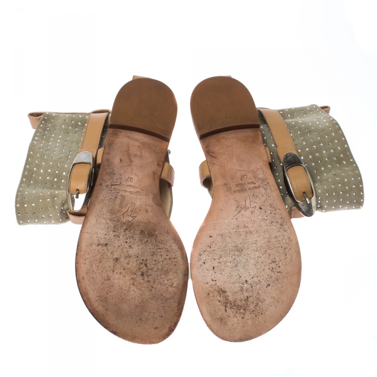 Pre Owned Giuseppe Zanotti Green/Beige Suede Embellished Thong Ankle Cuff Sandals Size 37