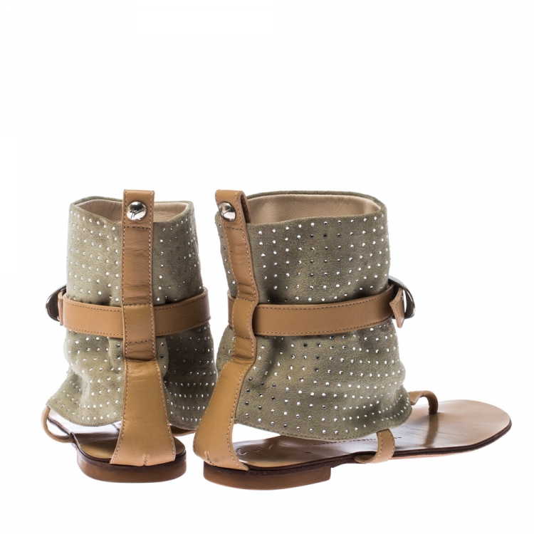 Pre Owned Giuseppe Zanotti Green/Beige Suede Embellished Thong Ankle Cuff Sandals Size 37