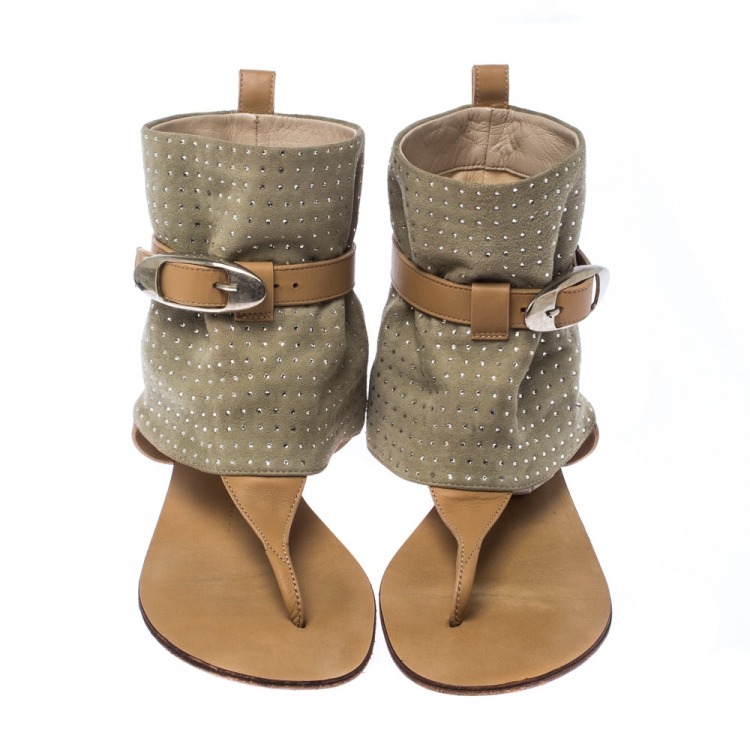 Pre Owned Giuseppe Zanotti Green/Beige Suede Embellished Thong Ankle Cuff Sandals Size 37