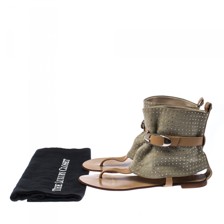 Pre Owned Giuseppe Zanotti Green/Beige Suede Embellished Thong Ankle Cuff Sandals Size 37