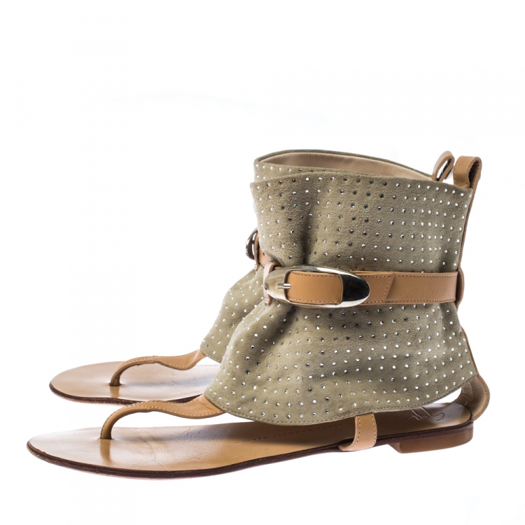 Pre Owned Giuseppe Zanotti Green/Beige Suede Embellished Thong Ankle Cuff Sandals Size 37