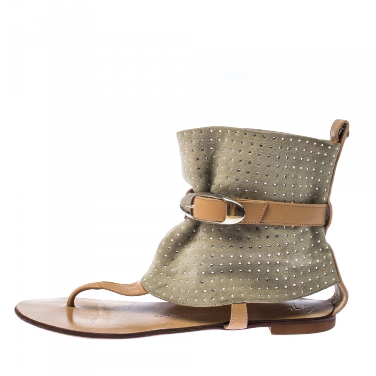 Pre Owned Giuseppe Zanotti Green/Beige Suede Embellished Thong Ankle Cuff Sandals Size 37