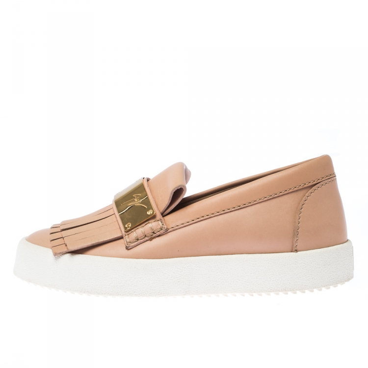 Pre Owned Giuseppe Zanotti Beige Fringed Leather Slip On Sneakers Size 36