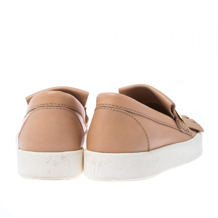 Pre Owned Giuseppe Zanotti Beige Fringed Leather Slip On Sneakers Size 36