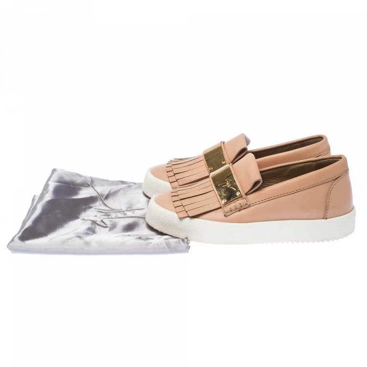 Pre Owned Giuseppe Zanotti Beige Fringed Leather Slip On Sneakers Size 36