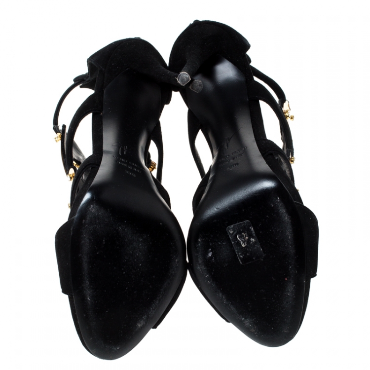 Pre Owned Giuseppe Zanotti Black/Gold Crystal Embellished Suede and Vinyl Strappy Sandals Size 38.5 