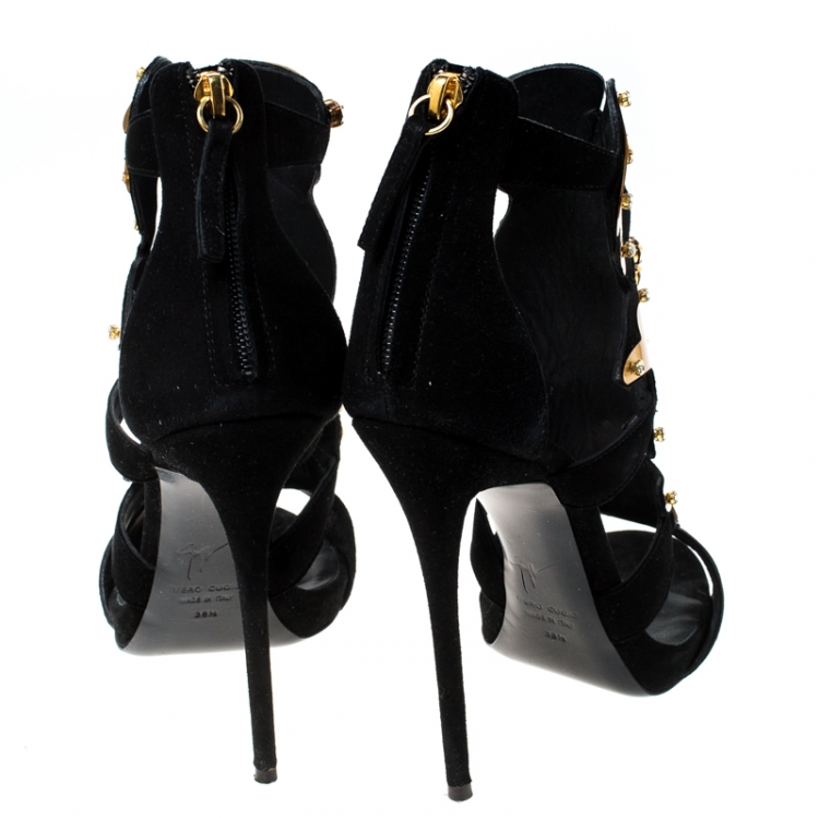 Pre Owned Giuseppe Zanotti Black/Gold Crystal Embellished Suede and Vinyl Strappy Sandals Size 38.5 