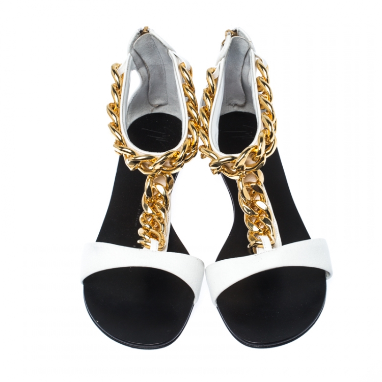 Pre Owned Giuseppe Zanotti White Leather Chain Link Flat Sandals Size 40